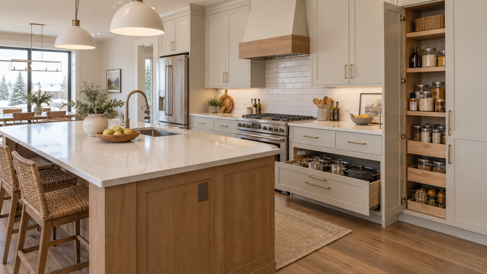 Finished new-home kitchen with a wood island, quartz countertops and pantry storage
