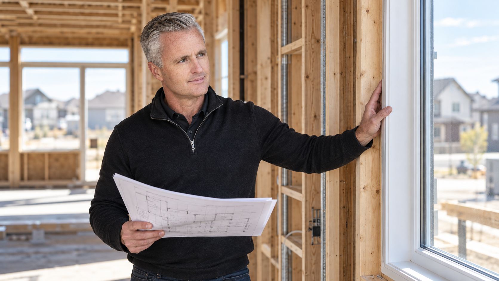 Jay Lewis reviewing construction details in a new Edmonton home