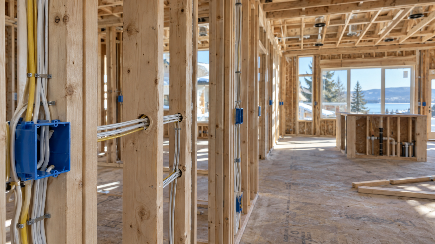 Wood-framed interior of a new home under construction with electrical wiring and boxes installed